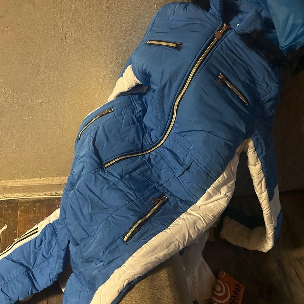 Blue and White Snowsuit with Fur Trim